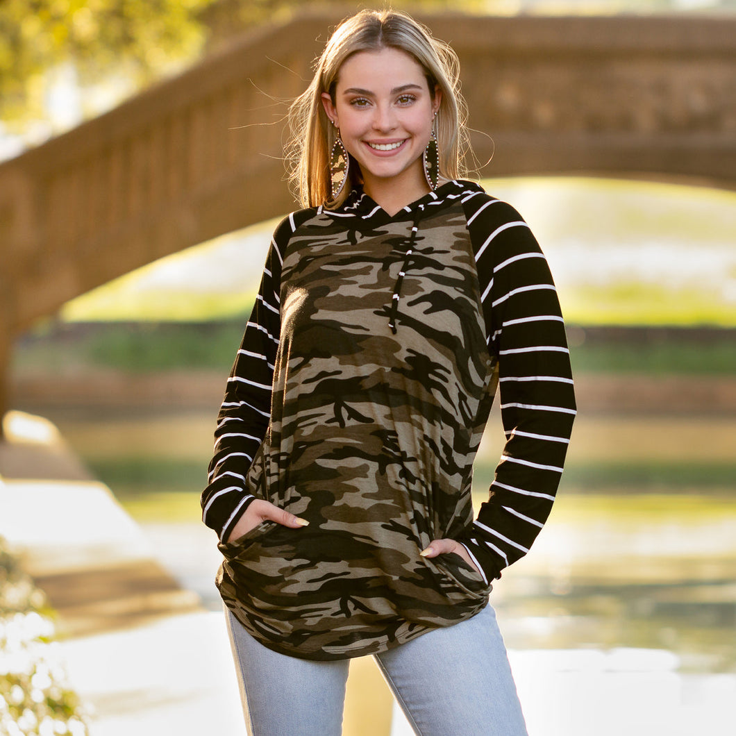 Camouflage Hoodie Top with Striped Sleeves